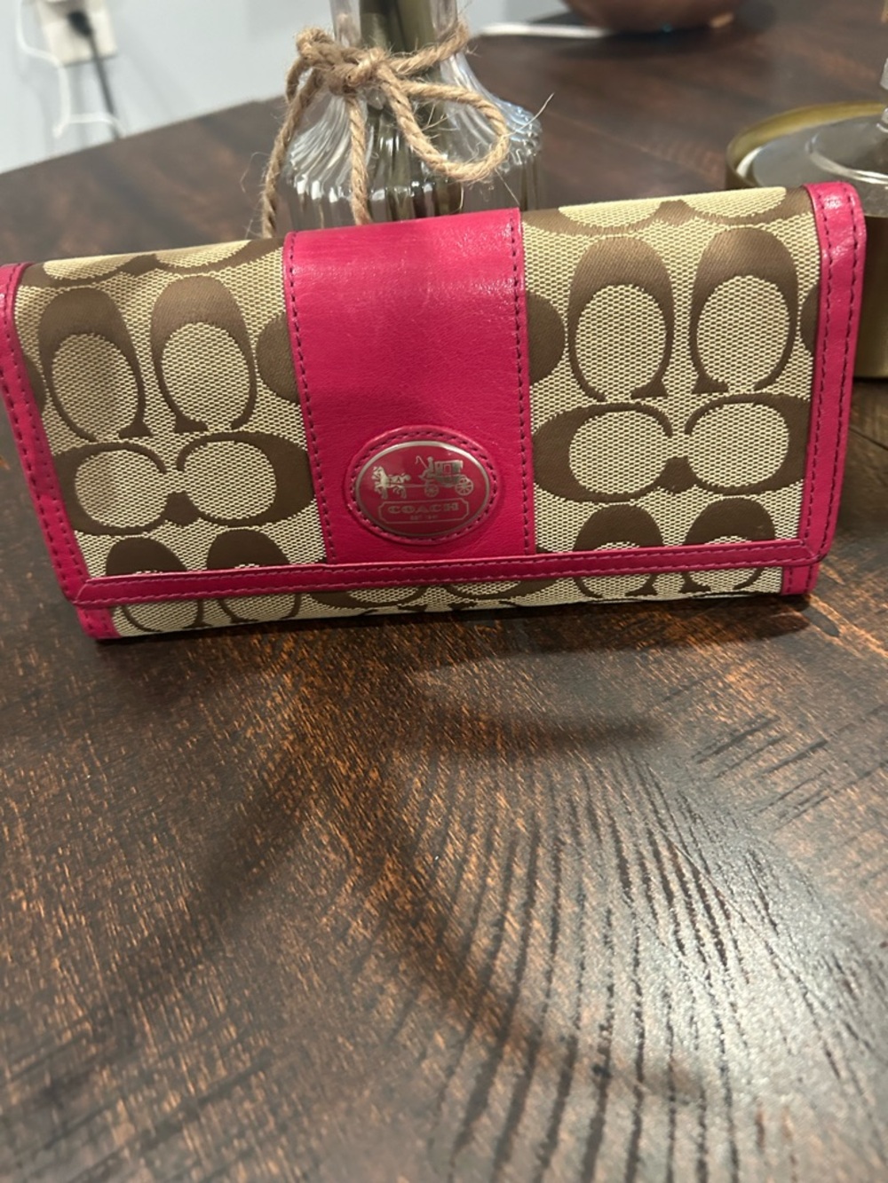 Coach SignatureCanvas Wallet in Brown and Pink Leather Trim